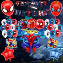 43 Stücke Spinne-Man Geburtstags-Themen Ballon Set, Ziehfahne, Spinne-Man Einlegekarton, schwebende Folienballons, Geburtstagsdekoration, Partyfeier, Themenparty - Verschiedenfarbig - Übersicht 2