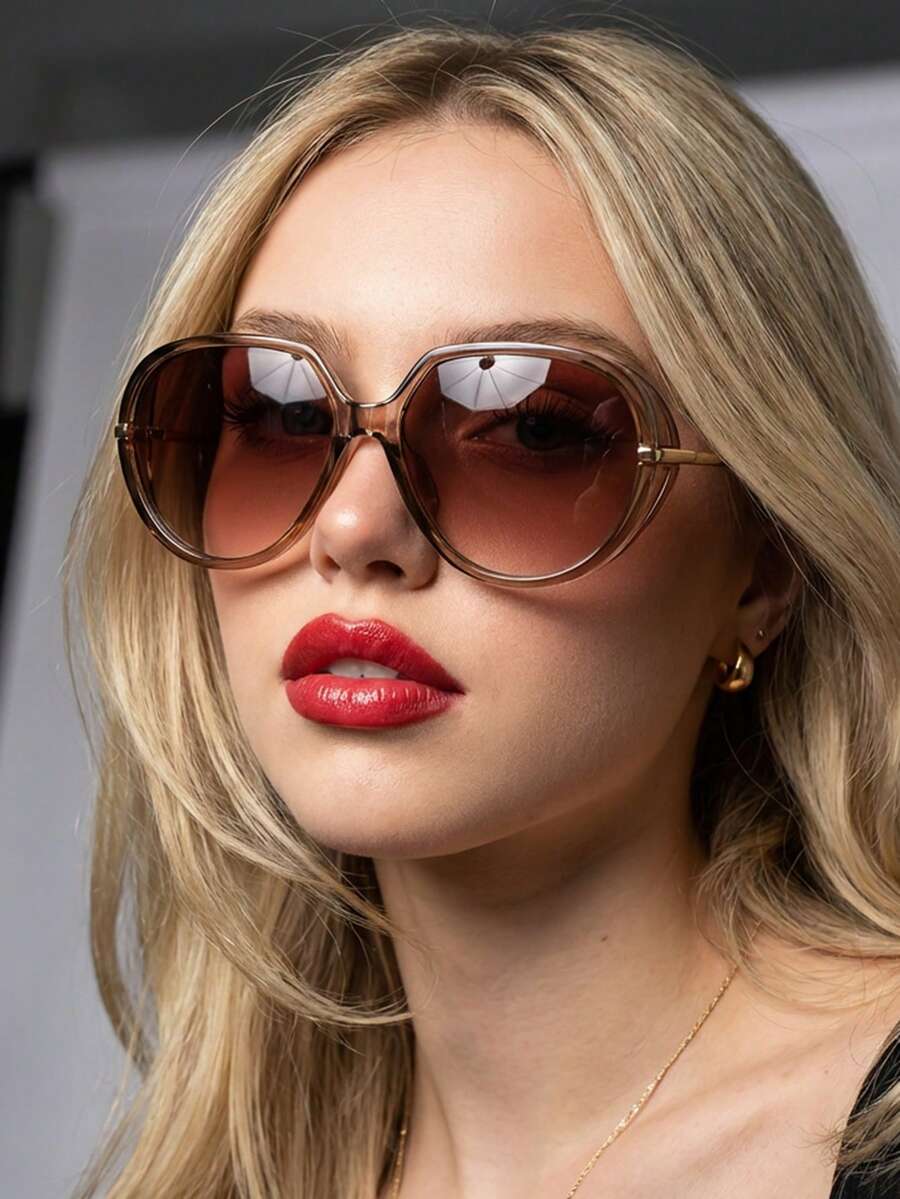 1 Pair Women's Champagne Round PC Frame Metal Leg Fashion Glasses, Fashionable For Street Style, Travel, Vacation - Champagne - View 1