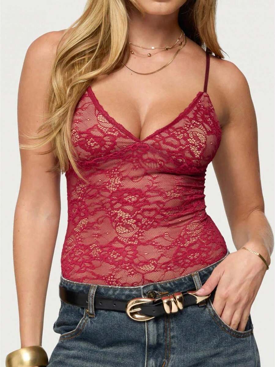 Women Lace Top Y2k Going Out  Mesh See Through Cami Tank Tops - Red - View 1
