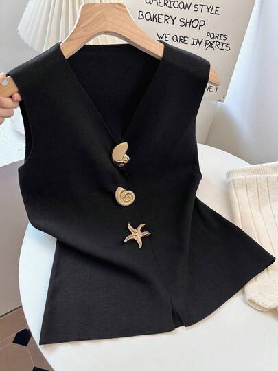 Women's New Solid Color V-Neck Sleeveless Asymmetrical Metal Button Down Cardigan, Vintage Fashionable Casual Slim Minimalist Elegant Party Vacation Beach Knit Vest, Spring Summer Fall