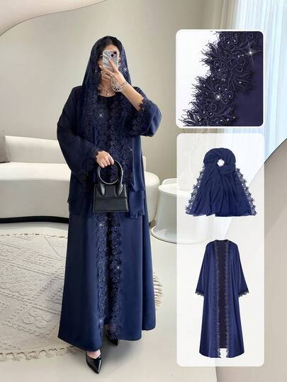 Women's Robe Set, Open Front Robe With Chiffon Scarf - Lightweight, Dignified, Breathable, Suitable For Spring/Summer, Solid Color Elegant Party Dress
