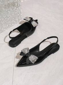 Women's Fashion Pointed Toe Black Rhinestone Bow Slip-On Flat Sandals, Casual Backstrap Summer Shoes - Black - View 2