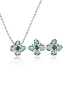 Green & White Rhinestone Flower Necklace & Earring 2 Pieces Set, Luxury Elegant Jewelry For Banquet & Wedding - Multicolor - View 9