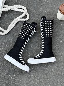 OPOEE Canvas Shoes, Mid-Top Sneakers For Children, Spring/Autumn, Korean Style, Unisex, Fashionable Low-Top, Casual Lace-Up Athletic Shoes, Classic High-Top Sneakers, All-Match Casual Sports Skateboard Shoes For Kids - 黑與白 - 查看 3