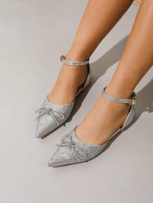 新款时尚女式尖头水晶蝴蝶结玛丽珍鞋，休闲镂空凉鞋 - 銀色 - 查看 2