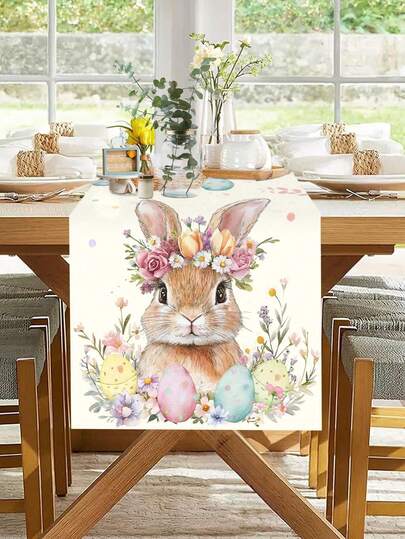 1件装春季复活节兔子桌旗，可爱兔子、彩蛋和花环图案桌布，季节性春季厨房餐桌装饰，节日派对户外装饰，复活节家居装饰，农舍风格礼物，13x70英寸