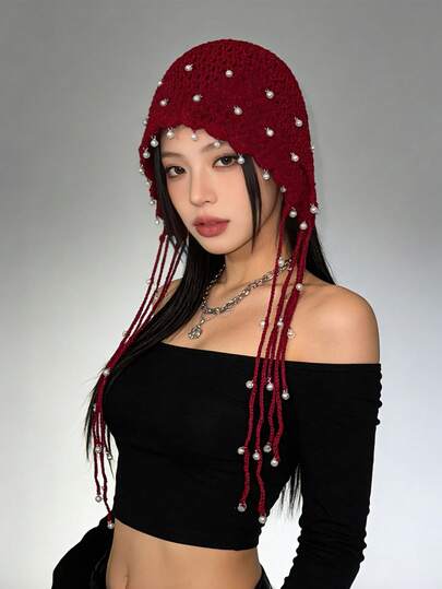 1pc Women's Handmade Crochet Hollow Out Beanie Hat, Lightweight Knitted Tassel Decor Cap, Fashion Headwear For Summer Sun Protection, Boho Style, Suitable For Mother And Daughter, Women Holiday/Halloween Outfit