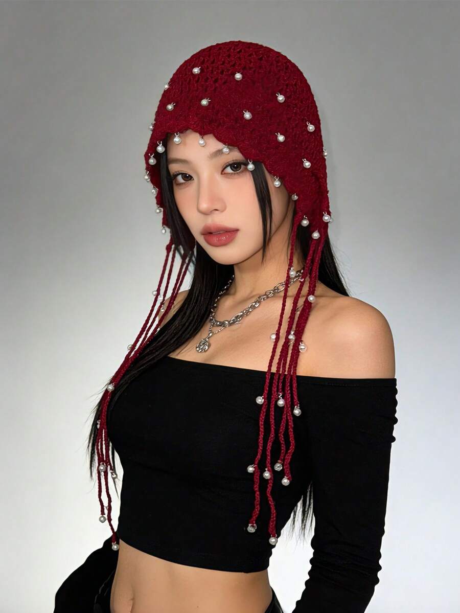 1顶女士手工钩编镂空针织帽，轻盈透气，带流苏装饰，时尚夏季防晒帽，波西米亚风格，适合母女佩戴，女士节日/万圣节服装