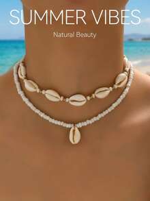 2 piezas Collar bohemio elegante de doble capa con cuentas blancas y conchas para mujeres, adecuado para verano, playa, uso diario, festivales de música, regalo - Blanco - Ver 1
