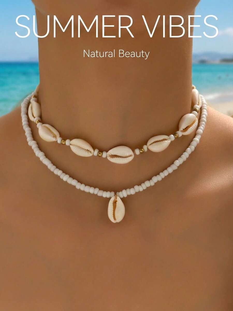2 piezas Collar bohemio elegante de doble capa con cuentas blancas y conchas para mujeres, adecuado para verano, playa, uso diario, festivales de música, regalo - Blanco - Ver 1