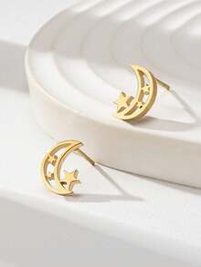 1 Đôi bông tai đinh tán bằng thép không gỉ hình trăng và sao rỗng tinh tế - Vàng - Xem 4