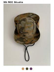 Topi Bucket Ringan Cepat Kering Motif Kamuflase Patchwork, Topi Pelindung Matahari Bernapas untuk Aktivitas Luar Ruangan Mendaki, Memancing, Unisex Musim Panas - tali lanyard kamuflase - View 13
