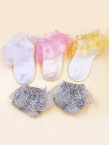 4双女婴优雅透气短袜，韩版蕾丝花边甜美公主袜，适合日常穿着 - 彩色 - 查看 5