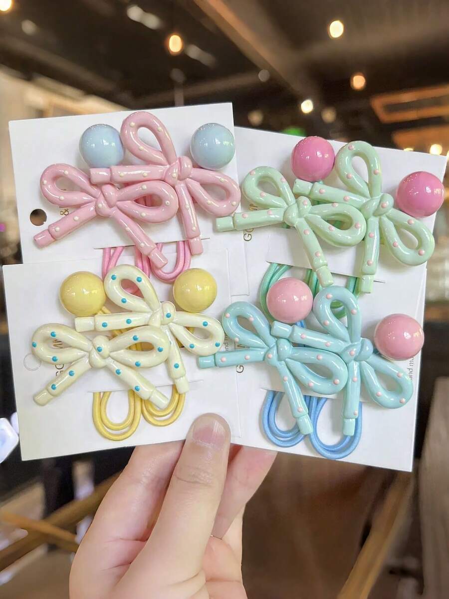 4 chiếc dây buộc tóc co giãn hình nơ chấm bi màu kem dễ thương, đa năng dành cho bé gái - Nhiều màu - Xem 1