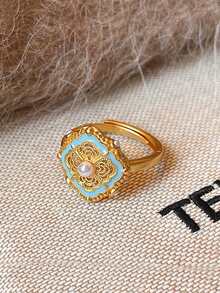 1 pieza Anillo abierto de diseño hueco con perla falsa esmaltada, material de cobre vintage francés elegante y lujoso, adecuado para uso diario, ir al trabajo, vacaciones y fiestas de mujeres - Amarillo Oro - Ver 2