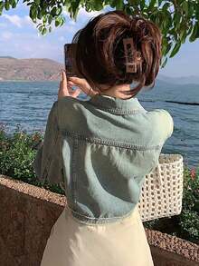 Áo khoác denim nữ tay ngắn, gấu áo rách, kiểu dáng thường ngày - Màu xanh lam - Xem 1