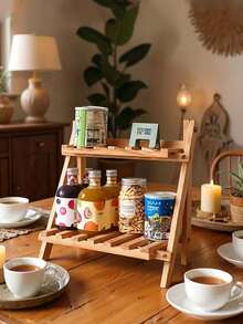 Estantería de escritorio plegable de madera hecha a mano, minimalista y de moda, estantería de exhibición de sobremesa trapezoidal de doble capa con barra transversal, adecuada para mesita de noche, tocador, decoración del hogar, almacenamiento de cocina, estantería de baño y accesorios de escritorio de oficina. Ideal para sala de estudio, dormitorio, dormitorio, como portavasos o para usar en cafetería y cocina. - Multicolor - Ver 7