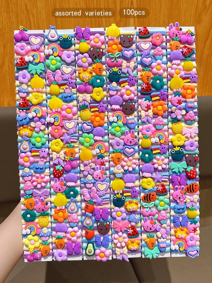 100pcs Cute Cartoon Hair Ties, Suitable For Daily Use Hair Accessories - Multicolor - View 1