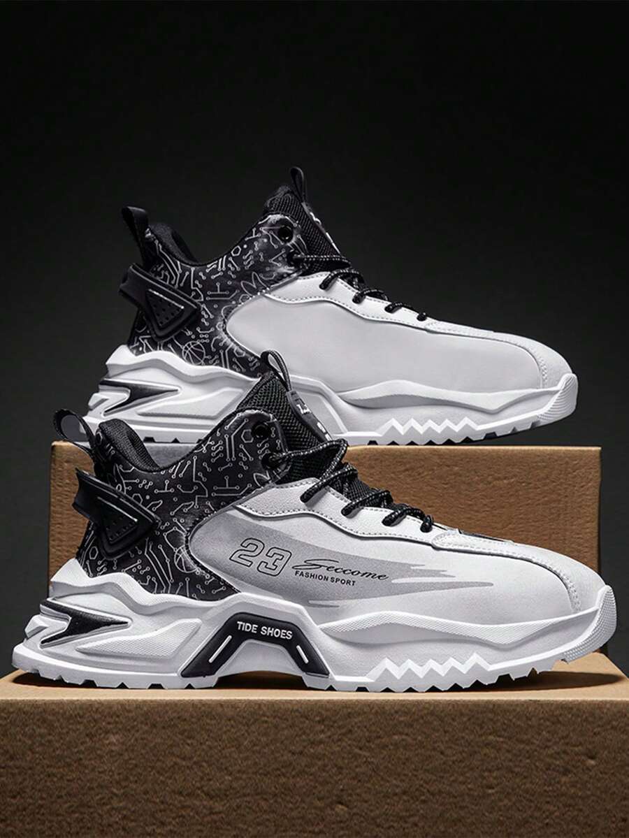 Men's Fashionable High-Top Thick-Soled Casual Shoes, Lace-Up College Style, Comfortable, Durable, Minimalist, Versatile - White and Black - View 1