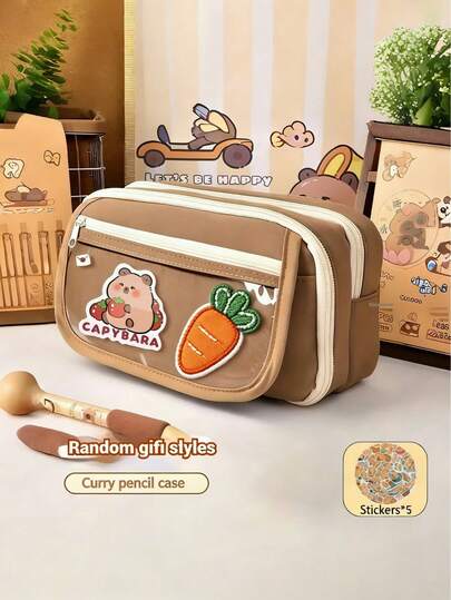 6pcs Set: Pencil Case, 5pcs Stickers, Cute Capybara Pencil Box, Multi-Layer Capybara Pencil Box, Capybara Brooch, For Organizing School Supplies, Pens, Rulers, Erasers, Home Decor (5pcs Random Stickers)