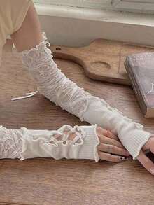 1 Pair Of Y2K Lace Strap Sleeves DIY Decorative Sleeves Short Solid Color Open Finger Curling Sleeves Wrist Sleeves Halloweeny2k Valentine's Day Valentines EXXD - Nhiều màu - Xem 3