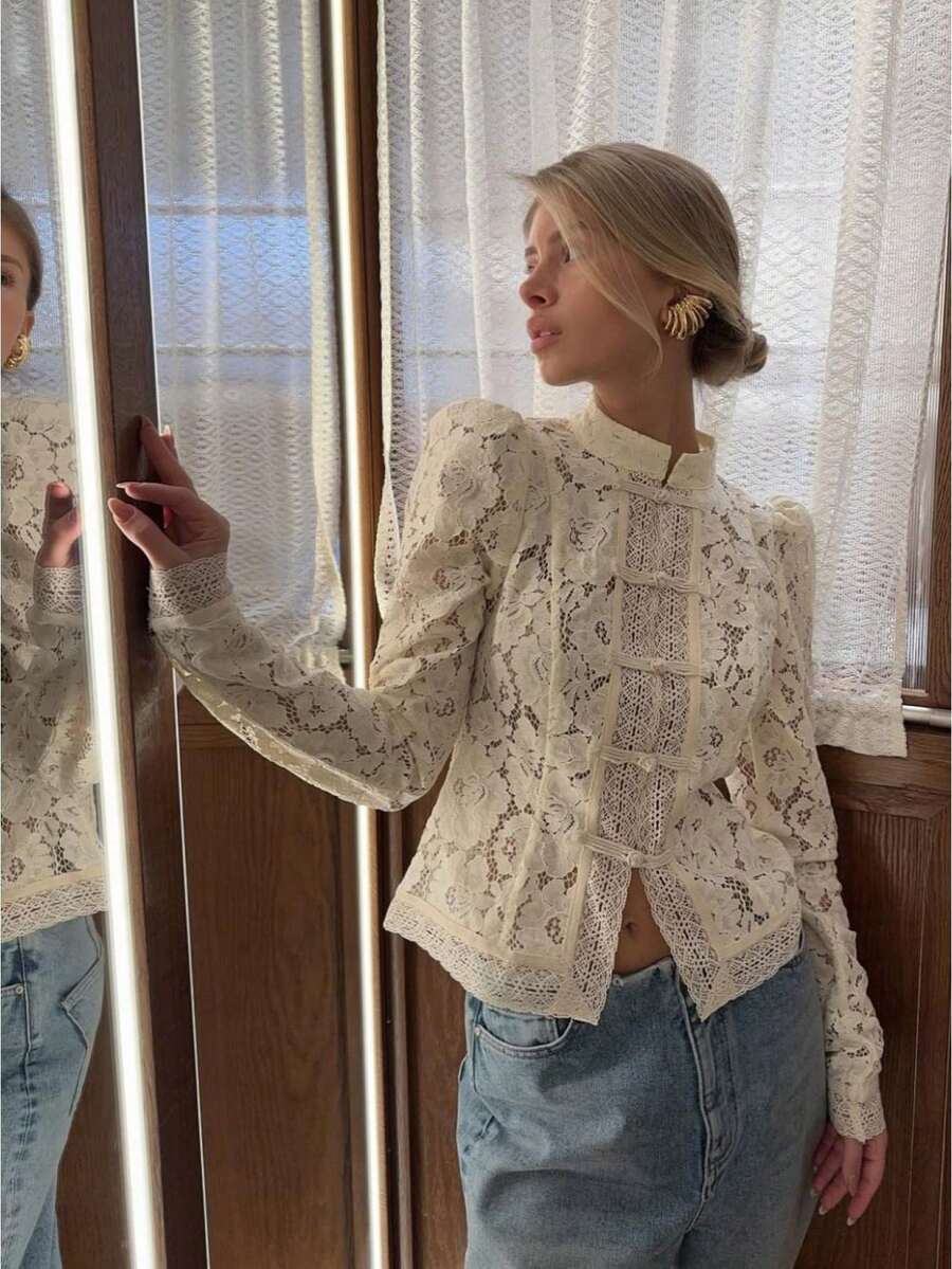 Women Long Sleeve Mandarin Collar Guipure Split Blouse Top Lace Floral Puff Sleeve Button-Down Shirt Slim Fit Elegant Sheer Tops Party Clubwear - 白色 - 查看 1