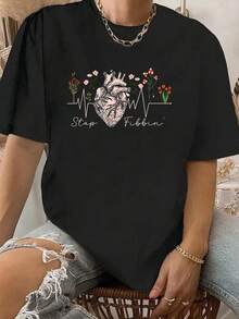 Stop Fibbin' Cardiac Nurse Cardiology Nurse Cardiac Nursing-ShirtShort Sleeve Summer Spring EssentialWomen Clothing Printed Graphic Tee-Shirt Lovers - 黑色1 - 查看 1