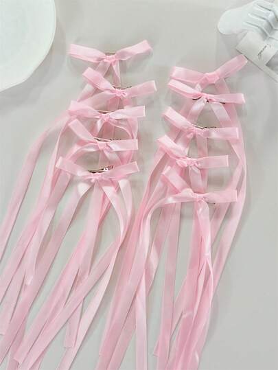 10pcs Elegant Sweet Pink Fabric Ribbon Bowknot Duck Clip Hair Accessories, Bangs Side Hairpin, Suitable For Daily Hairstyle Decoration, Bohemian Style