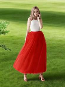 一件装女士高腰中长款薄纱裙，四层薄纱加衬里，蓬蓬裙摆，褶皱设计，A字裙型，洛丽塔风格，雪纺材质，适合夏季及所有季节，可作伴娘礼服、婚纱、晚礼服，适用于婚礼、派对、表演、角色扮演、舞台演出、舞蹈表演等场合。 - 多色 - 查看 8