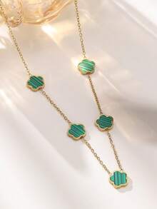 一套不锈钢时尚简约鲍鱼壳四叶草花朵项链、手链、耳环、戒指，18K金首饰，情人节礼物 - 五葉花首飾套裝 - 查看 4