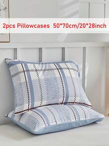 1/2pcs Blue Minimalist Plaid Printed Polyester Pillowcases, Soft Breathable Pillow Shams, Modern Throw Pillow Cover For Sofa Couch, Without Insert - Blue - View 9