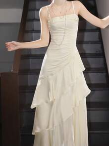 Elegant Summer Apricot Dress For Women Valentine's Day Sexy Satin Prom Dress, Wedding Guest Party Evening Gowns, Ruched Ruffle Vacation Outfits Beach Holiday Vacation - Apricot - View 12