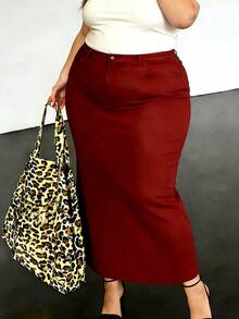 Angola Red Denim Midi Skirt | High-Waisted Straight Split Hem | 2026 Autumn/Winter Color | Hip-Hiding & Slim-Fit | Versatile For Work & Daily |Skirts For Women|Faldas De Mujer|Faldas - Đỏ - Xem 3