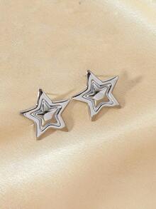 2-Tone Star Stud Earrings - Dual-Layer Metallic Earrings In Gold & Silver, Suitable For Sweet & Casual Daily Outfits - Star - View 8