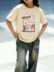 3件套女童休闲印花圆领短袖T恤，夏季学生童装 - 可爱的小动物兔子时尚T恤，为每个孩子带来欢乐和幸福！情人节 - 杏色 - 查看 5