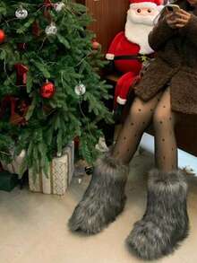 Bestseller Alert! Women's Colorful Faux Fox Fur Mid-Calf Boots, Winter Warm Thickened Fleece-Lined Fuzzy Footwear - 灰色 - 查看 3