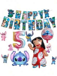 11pcs Lilo & Stitch Themed Birthday Decoration Set For Ages 1-9, Including Stitch-Shaped Balloons And 'HAPPY BIRTHDAY' Letter Banner, Perfect For Birthday Parties - Multicolor - View 7