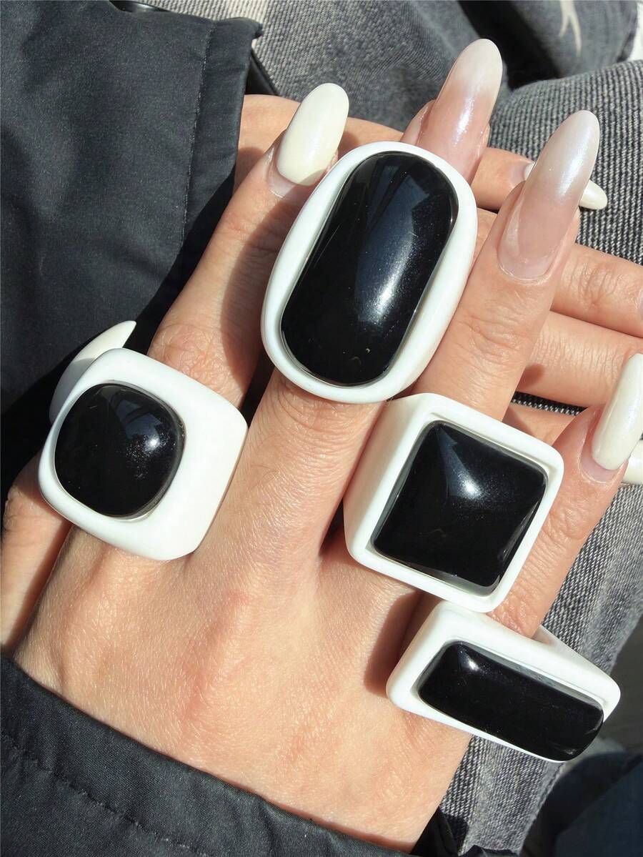 4pcs/Set Vintage Geometric Square Resin Rings, Retro Ring Set, Gift For Friends, Autumn/Winter - Multicolor - View 1