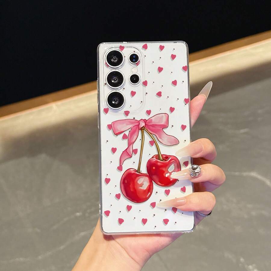 1pc Creative Heart, Cherry, Bow Design Phone Case Compatible With Samsung S21/S22/S23/S21 Ultra/S25 Ultra, Also Fits , Redmi, Infinix, Nothing Phones, Personalized & Lightweight - Clear - View 1