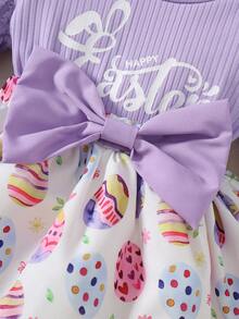 4件套女婴复活节休闲日常可爱紫色针织圆领英文印花泡泡袖长袖拼接针织印花连体衣，白色针织袜，紫色蝴蝶结发带，春秋季套装 - 淡紫色 - 查看 5