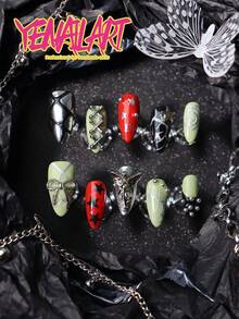 10片装美甲贴片，包含红绿、黑银、法式、星形、十字架、3D立体装饰天使、蝴蝶结、格子等日式全覆盖亚克力手工美甲贴片套装，是打造完美日常美甲的理想之选，也适用于派对、庆典等各种场合。套装内含美甲工具，是送给女性和女孩的绝佳礼物。 - 彩色 - 查看 2