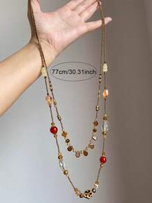 1件复古陶瓷花瓣水晶水滴串珠长项链，适合秋冬季佩戴 - 彩色 - 查看 4