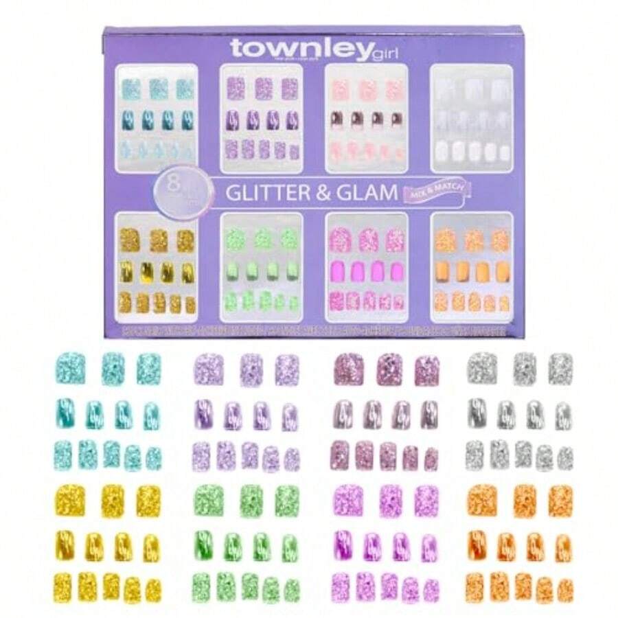 96 Pcs Glitter-Glamup And Metallic Press-On Nails Artificial Fake False Nails Set For Tweens With Pre-Glue Full Cover Acrylic Nail Tip Kit Great For Gifts Parties Sleepovers And Makeovers - Purple - View 1
