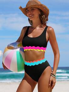 女士荷叶边比基尼套装，背心上衣和高腰泳裤，可爱泳装，适合夏季度假和海滩穿着 - 黑色 - 查看 4