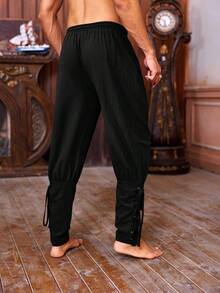 Men's Vintage Medieval Lace Up Pants, Viking Pirate Style Tapered Ankle Linen Costume Trousers For Themed Parties & Reenactments - 黑色 - 查看 3