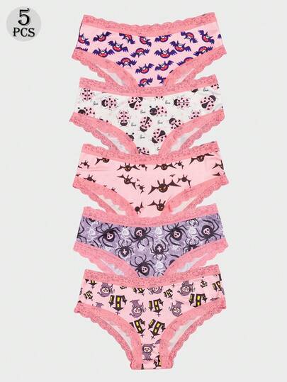 Dircho 5pcs Women's Playful Print Briefs Set & Bat & Ladybug & Spider & Cartoon Pattern & Pink Lace Trim & Soft Fabric & Mixed Color Scheme & Daily Comfort Underwear & Cute Casual Style