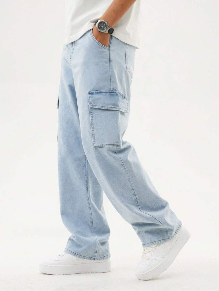 Quần jeans ống rộng dáng rộng thoải mái có túi hộp dành cho nam - Rửa nhẹ - Xem 1