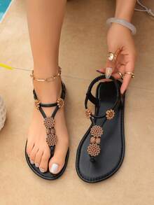 2026 New Women's Bohemian Beaded Thong Sandals, Vintage Black Flat Roman Sandals - Black - View 2