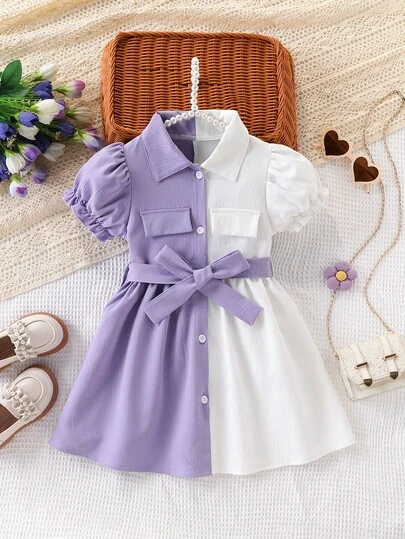 女童紫色和白色泡泡袖收腰A字连衣裙，优雅舒适的度假风