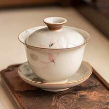 Hand-Painted Pink Orchid Gaiwan Scald-Proof Ceramic Tea Bowl, Chinese Style Kung Fu Tea Set Tea Ware